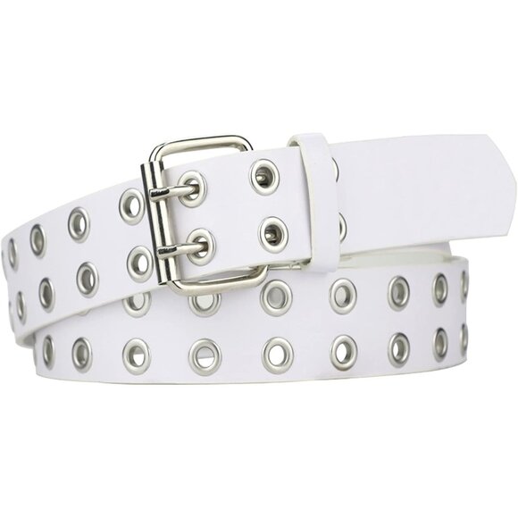 Men's White Double Prong Alloy Buckle Vintage Punk Jeans Pu Leather Belts - Picture 1 of 4